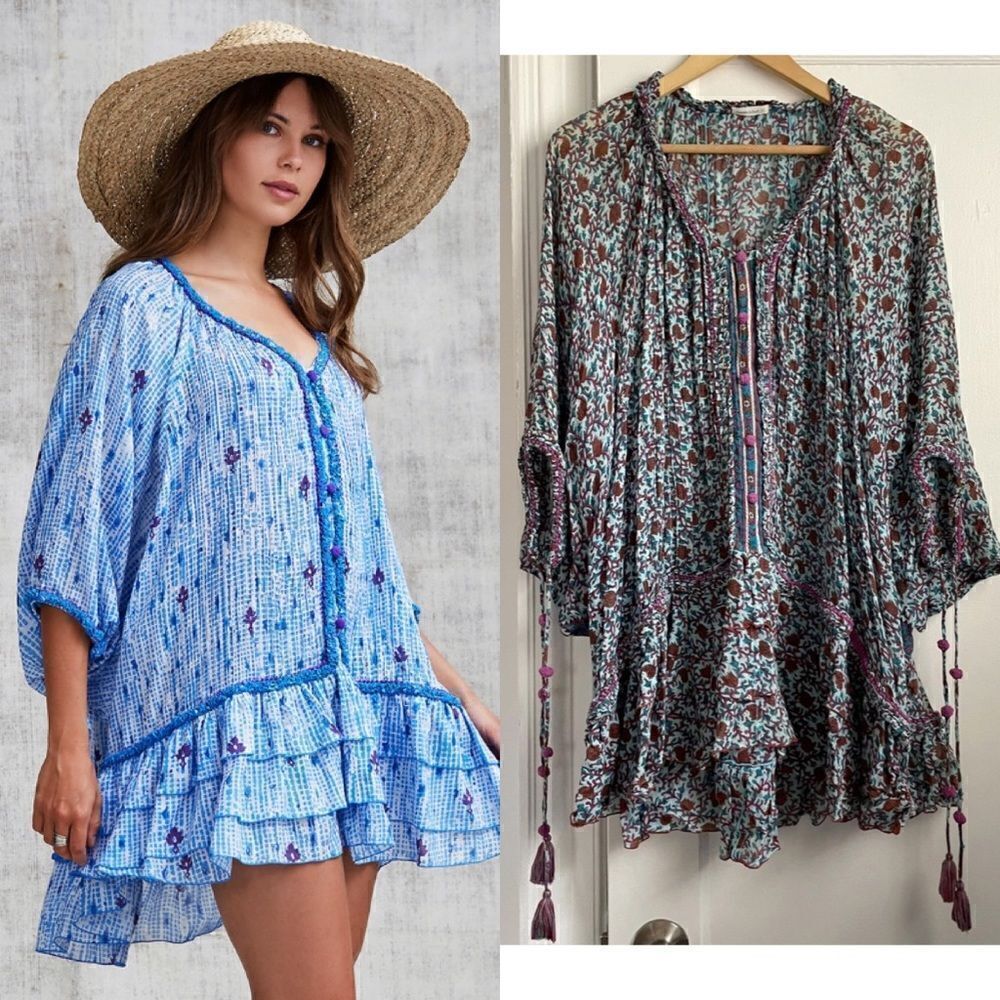 Poupette St Barth 3/4 Sleeve Ruffled Poncho Dress